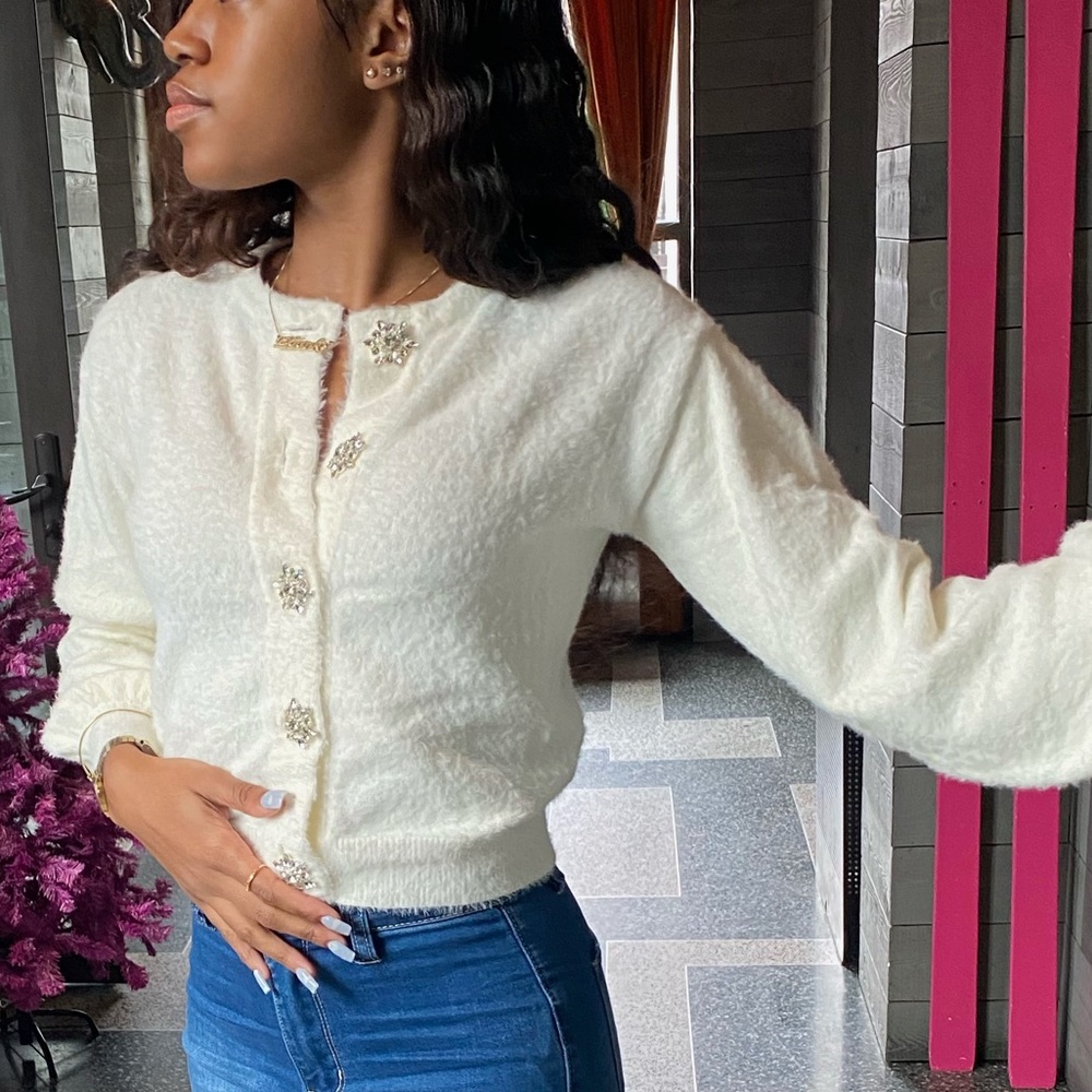 White fuzzy cardigan